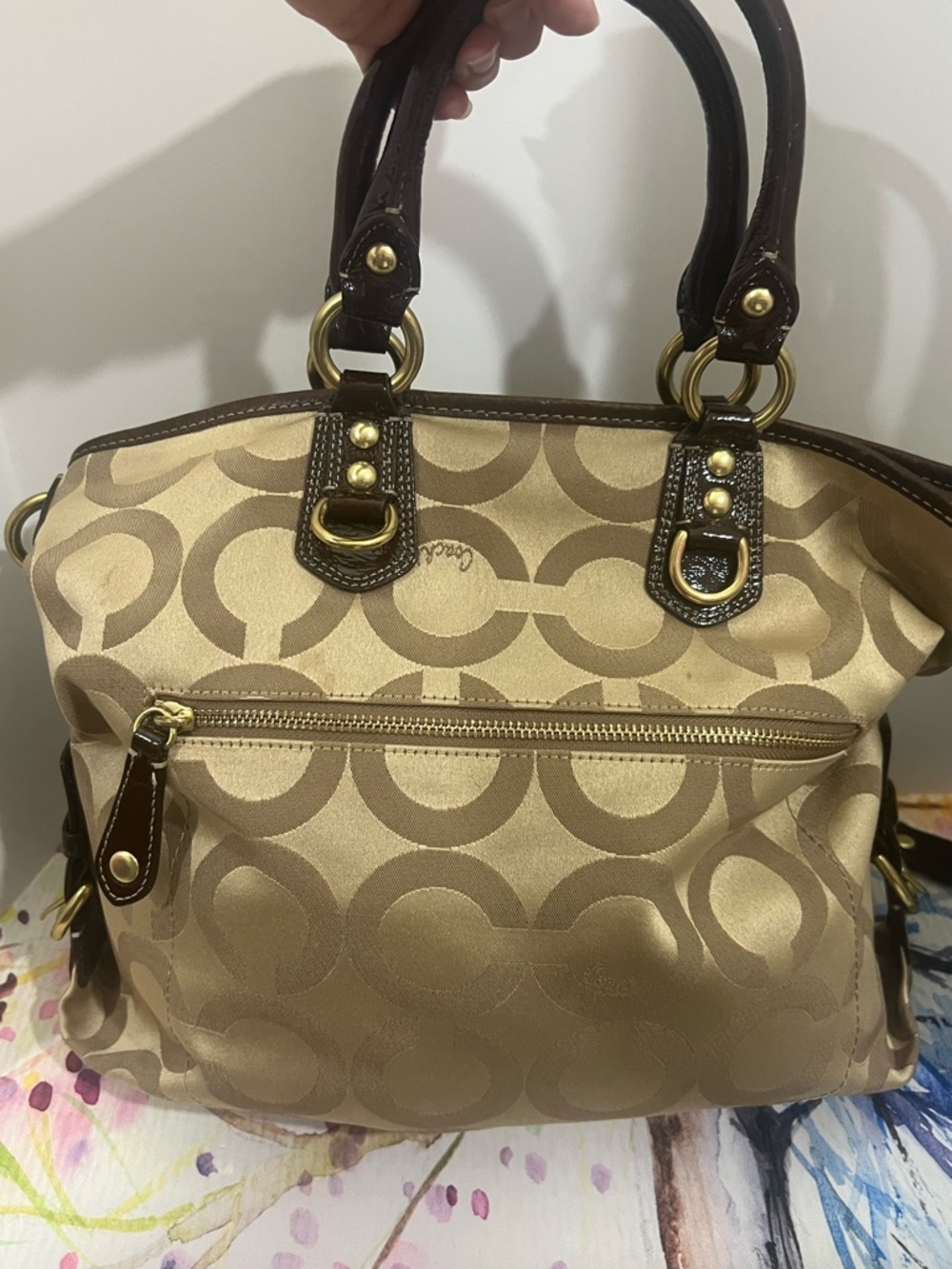 Coach signature tote with brown patent leather accents - Picture 2 of 3